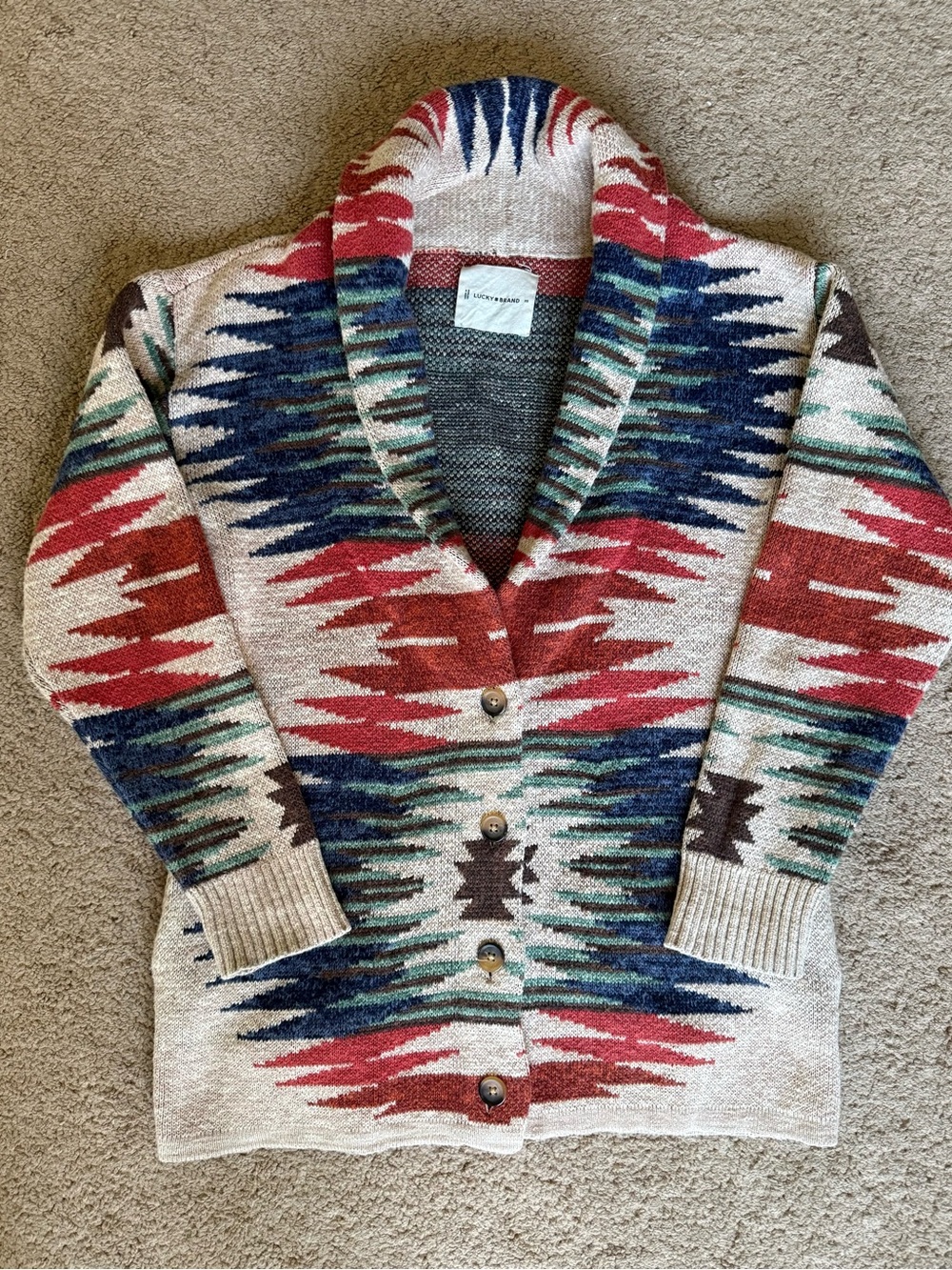 Lucky Brand Cozy Aztec Shawl Collar Cardigan Sweater - Multicolor Cotton